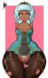 1girls arms_behind_back big_areola dark-skinned_female dark_skin female league_of_legends medium_hair mrn00b0d1 pubic_hair qiyana_yunalai tagme white_hair wide_hips