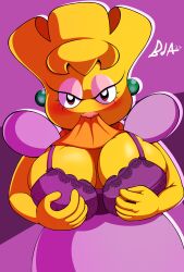 big_breasts bra breast_grab breasts clothing ear_piercing ear_ring female flashing flashing_breasts hand_on_breast hi_res kirby:_right_back_at_ya! kirby_(series) lady_like lipstick makeup mature_female mother nintendo parent piercing purple_bra purple_clothing purple_underwear ring_piercing scarf underwear video_games