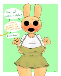 animal_crossing blush blush blushing_at_viewer bunny_ears coco_(animal_crossing) green_clothing joe_rodher nintendo nipple_bulge no_eyes simple_background speech speech_bubble sweat sweating sweaty_body white_shirt wide_hips