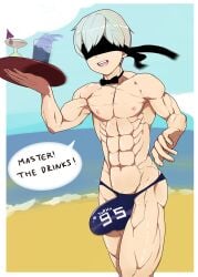 1boy beach big_bulge big_penis blindfold bow bowtie bulge english_text femboy light-skinned_male light_skin male male_focus male_only mlm4anemone muscular muscular_femboy muscular_male nier nier:_automata penis penis_under_clothes solo solo_male text white_hair yorha_9s