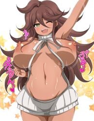 afuro alternate_version_available bouncing_breasts breasts danganronpa danganronpa_2:_goodbye_despair exposed_breasts japanese_text large_breasts owari_akane reverse_virgin_killer_sweater smooth_skin super_danganronpa_2 tanned tanned_female tanned_skin virgin_killer_sweater