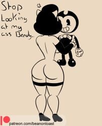 1boy 1girls alice_angel annoyed anthro beanontoast bendy bendy_and_the_ink_machine english english_text female heels male naked patreon_username picking_up smile smiling speech thick_ass thick_thighs thigh_strap