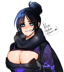 2d apex_legends big_breasts black_hair bladechan28 blue_eyes blush breasts dark_hair huge_breasts large_breasts light_blue_eyes sweat sweating sweaty sweaty_breasts wraith_(apex_legends)