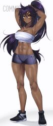 abs armpits arms_up belly belly_button bladechan28 chest_wrapping chest_wraps dark-skinned_female dark_hair dark_skin fit fit_female long_hair muscles muscular muscular_female purple_hair sweat sweating sweaty thick thick_legs thick_thighs thighs tied_hair toned toned_female tummy tying_hair wrappings wraps yellow_eyes