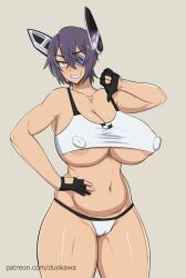 1girls areolae bare_shoulders belly belly_button bra breasts chubby collar duo_kawa erect_nipples erect_nipples_under_clothes eyepatch female female_only fingerless_gloves gloves hair_between_eyes hair_ornament huge_breasts kantai_collection large_breasts nipples panties pointing_down pubic_hair sharp_teeth short_hair shoulders simple_background solo solo_female solo_focus tenryuu_(kantai_collection) thick_thighs thighs tomboy tummy white_background