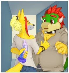 anthro border bowser canid canine canis clothed clothing dildo dodger_akame_(character) duo gift hi_res koopa male male/male male_only mammal mario_(series) moche nintendo reptile scalie sex_toy turtle video_games white_border wolf