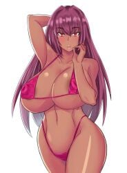 1girls armpits arms_behind_back bare_shoulders belly_button belt big_breasts bikini breasts duo_kawa fate_(series) feet_out_of_frame female female_only large_breasts long_hair looking_at_viewer oppai purple_hair red_eyes scathach_(fate) solo solo_female solo_focus stomach tan_body very_long_hair