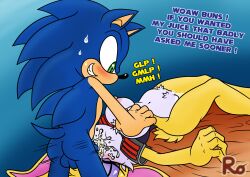 anthro archie_comics balls blush bodily_fluids breast_fondling breast_play breasts bunnie_rabbot cum cum_in_mouth cum_inside dialogue duo female fondling genital_fluids genitals hand_on_breast hi_res male male/female nipples oral penis raianonzika sega sonic_(series) sonic_the_hedgehog sonic_the_hedgehog_(archie) sonic_the_hedgehog_(comics) sonic_the_hedgehog_(series) sweat