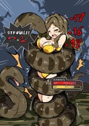 1girls anaconda arniro breasts entangled gameplay_mechanics health_bar himawari_shinomiya long_hair monster open_mouth pained_expression rape restrained ryona sleeves snake struggling vore yellow_bikini