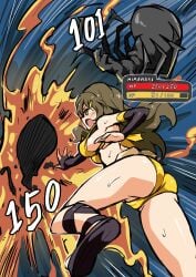 1girls angry arachnid arniro ass breasts brown_eyes brown_hair english_text explosion fight fire gameplay_mechanics health_bar himawari_shinomiya long_hair magic monster open_mouth sandals shouting sideboob sleeves spider text vore yellow_bikini