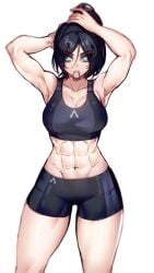 1girls 2d abs apex_legends armpits arms_up belly belly_button black_hair bladechan28 blue_eyes dark_hair face_markings female female_only fit fit_female large_breasts light_blue_eyes midriff muscles muscular muscular_female six_pack solo sports_bra sportswear thick thick_thighs thighs tie_in_mouth tight_clothing tomboy toned toned_female tummy tying_hair wraith_(apex_legends)