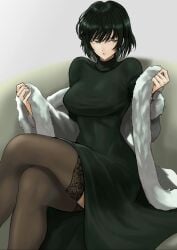 1girls anagumasan bangs big_breasts bob_cut breasts busty coat crossed_legs curvaceous curvy curvy_body curvy_female curvy_figure dark_green_hair dress female female_focus female_only fringe fubuki_(one-punch_man) green_eyes green_hair hips hourglass_figure large_breasts legs legs_together light-skinned_female light_skin lips lipstick looking_away medium_hair midriff navel one-punch_man short_hair skirt slim slim_waist solo solo_female solo_focus stockings thick_thighs thighhighs thighs thin_waist toned toned_body toned_female toned_stomach turtleneck voluptuous waist wide_hips