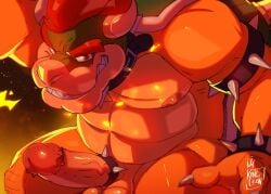 2022 abs accessory anthro armband balls bara big_muscles big_penis black_background bowser bowser_day bracelet breath_powers claws cock_ring collar elemental_manipulation erection eyebrows fire fire_breathing fire_manipulation genitals hair horn humanoid_genitalia humanoid_penis jewelry k1ngl30n koopa looking_at_viewer male male_only mario_(series) muscular muscular_anthro muscular_male nintendo nipples non-mammal_balls non-mammal_nipples nude pecs penis penis_accessory penis_jewelry scalie shell signature simple_background smile solo spiked_armband spiked_bracelet spiked_cock_ring spiked_collar spiked_shell spikes spikes_(anatomy) teeth video_games