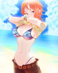 1girls beach belly_button big_breasts bikini bikini_under_clothes breasts cleavage clouds curvy female female_only log_pose mcdobo nami one_piece orange_hair pants removing_shirt sea shirt_lift shirt_up short_hair shoulder_tattoo sky slim solo tattoo tummy water