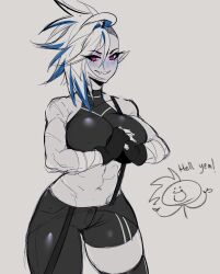 abs alien alien_girl alien_humanoid belly belly_button big_breasts blade_(bladechan28) bladechan28 blue_blush blush breasts curves curvy elf_ears fang fangs grey_body grey_eyes huge_breasts large_breasts long_ears muscular muscular_female original pink_hair pointy_ears punk punk_girl punk_hair sharp_ears shaved_side shoulders thick thick_thighs thigh_highs thighs tomboy tummy wrappings wraps