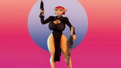 alien alien_girl anthro big_ass big_breasts big_butt breasts breasts captain_amelia clothed clothing disney dress female gomifox green_eyes gun hair huge_breasts mammal mature_female solo treasure_planet weapon