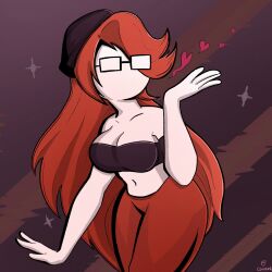 artist_logo artist_name artist_signature beanie beanie_hat black_beanie black_bra blowing_kiss connergrail glasses long_hair long_red_hair no_mouth no_nose no_shirt red_hair red_pants sfw stephanie_(terato_tamer) terato_tamer white_body