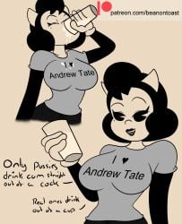 1girls alice_angel andrew_tate anthro beanontoast bendy_and_the_ink_machine clothed cum cum_drinking cum_drip cum_dripping cum_in_container cum_in_mouth cum_on_breasts cum_on_face drinking drinking_cum english english_text female looking_at_viewer meme patreon_username speechless