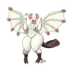 absurd_res anthro artist_name bat_ears bat_wings bendacriss blush capcom dragon female flying_wyvern fur heart hi_res membrane_(anatomy) membranous_wings monster_girl_(genre) monster_hunter navel nipples paolumu pink_body pink_skin signature simple_background solo thick_thighs video_games white_background white_body white_fur white_wings wide_hips wings wyvern