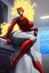 barretxiii big_ass big_breasts coca-cola fire_hair flaming_hair glowing glowing_eyes glowing_hair mascot metal_skin metallic_body milf muscles muscular muscular_arms muscular_female muscular_legs soda soda_bottle superheroine supermom