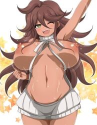 afuro alternate_version_available bouncing_breasts breasts danganronpa danganronpa_2:_goodbye_despair exposed_breasts large_breasts owari_akane reverse_virgin_killer_sweater straight_hair super_danganronpa_2 tanned tanned_female tanned_skin virgin_killer_sweater