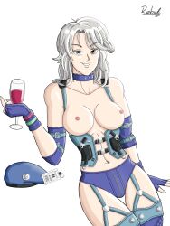 blue_clothing blue_hat breasts brown_eyes free_fire glass_of_wine green_vest grey_hair laura_(free_fire) rebut. topless_female