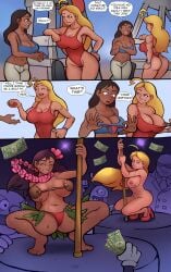 2girls big_breasts bikini blonde_hair blue_eyes cash cobra_bubbles coconut_bra comic dark-skinned_female dark_skin disney female footwear hawaiian high_heels human lifeguard lifeguard_(lilo_and_stitch) lilo_and_stitch markydaysaid money multiple_males naked nani_pelekai one_piece_swimsuit polynesian public straight_hair strip_club stripper stripper_pole swimwear text thong topless wristwear