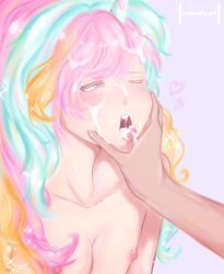 1boy blue_hair blush blush_lines blushing_at_viewer cookie_run cream_unicorn_cookie cum cum_in_hair cum_in_mouth cum_on_face drool drooling erect_nipples facial femboy gay holding_cheek holding_head looking_at_viewer male male_only meiwaku.art mouth_open multicolored_hair naked nipples one_eye_closed open_mouth pale_skin pink_hair pov pov_eye_contact purple_eyes tongue tongue_out twink unicorn unicorn_horn yaoi yellow_hair