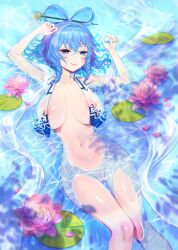 absurdres afloat blue_hair breasts female flower hagoromo hair_ornament highres lee_jin_byeol lily_pad lotus naked_vest partially_submerged petals petals_on_liquid pink_flower puffy_sleeves ripples seiga_kaku shallow_water shawl touhou vest water wet