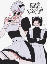 crossdressing cute_fangs fangs femboy feminine_male gay gay_sex glasses heart_hands jujutsu_kaisen lashes long_eyelashes looking_at_viewer maid_dress maid_outfit maid_uniform pale-skinned_male satoru_gojo suguru_geto white_hair yaoi