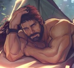 1boy 1male bara beard bearded big_arms daddy dilf facial_hair holo_eden joel_miller lying lying_on_bed male male_only mature_male muscle muscles muscular muscular_arms painting_(artwork) scar the_last_of_us