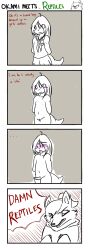 2015 absurd_res angry animal_genitalia animal_penis anthro blush bottomwear canid canine canis canisfidelis clothed clothing comedy comic crossdressing dialogue english_text erection eye_through_hair female funny genital_slit genitals hair hands_behind_back hi_res humor lizard looking_at_viewer looking_down male mammal navel nude okami_wolf open_mouth penis reptile reptile_penis scalie school_uniform shirt simple_background skirt slit solo text tongue tongue_out topwear translucent translucent_hair uniform wolf