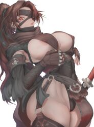 1girls 2d abs absurdres assassin bandage_over_one_eye bandaged_arm bandaged_head bandages black_thighhighs breasts brown_gloves brown_hair brown_scarf cameltoe closed_mouth covered_abs covered_navel covered_nipples eyelashes female female_only fingerless_gloves gloves highres katana kuromoro long_eyelashes long_hair looking_at_viewer ninja nipple_slip nipples o-ring orange_eyes original pink_lips ponytail scabbard scarf see-through sheathed simple_background skull_print solo sword thighhighs torn torn_clothes very_long_hair weapon white_background