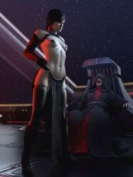 1boy 1girls 3d alternate_costume batesz black_clothing black_hair blender breasts chair clothed_male duo emperor_palpatine female fit_female granddaughter grandfather human human_only incest indoors light-skinned_female loincloth male on_chair partially_clothed pasties rey robe science_fiction sith_rey sitting small_breasts solo_focus space spacecraft standing star_wars straight the_force_awakens throne topless_female wide_hips window