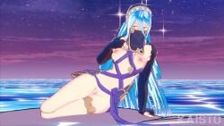 1girls 3d accessory azura_(fire_emblem) azura_(performing_arts)_(fire_emblem) bare_legs elbow_gloves female female_only fingerless_gloves fire_emblem fire_emblem_fates gloves hair_between_eyes kaisto legs light_blue_hair long_hair mouth_veil naked_gloves necklace night nintendo nipples nude nude_female pussy see-through solo sparkles sunset veil very_long_hair water yellow_eyes