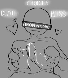 1boy 1girls anon anony_(spicyhxzel) anonymous anonymous_character anonymous_female bald bald_female bald_woman boobjob breasts censor_bar censored_eyes choice cum cum_on_breasts dark_room heart spicyhxzel_(artist) white_skin