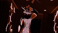 3d anthro anthro_only black_markings blue_eyes canid canine folf fox fur furry furry_only glasses glowing glowing_markings hand_on_head male male_only motofox_(big_red_folf) naked neoxium nude orange_fur orange_hair rexouium screenshot standing vr_media vrchat vrchat_avatar white_belly white_fur wolf