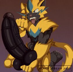 anthro balls beckoning big_hands big_penis big_tail black_balls black_body black_penis blackbear blue_body blue_fur claws erect_nipples erection fangs feet felid fur genitals gesture hi_res huge_cock hyper hyper_genitalia hyper_penis legendary_pokémon male male_focus male_only mammal muscular muscular_male nintendo nipples penis pokémon_(species) pokemon saggy_balls signature solo teeth tongue tongue_out vein veiny_penis video_games yellow_body yellow_fur zeraora