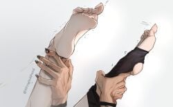 2boys afroginapond ankle_grab arm_tattoo black_nails curled_toes feet fingernails foot_focus fushiguro_megumi gay gay_sex implied_anal implied_sex jujutsu_kaisen male male/male male_focus male_only multiple_boys nail_polish ryoumen_sukuna_(jujutsu_kaisen) sharp_fingernails single_legwear soles stirrup_legwear tattoo toeless_legwear toeless_socks toes trembling twink