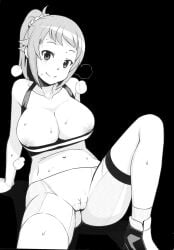 1girls arm_support big_breasts bike_shorts blonde_hair breasts bursting_breasts busty cameltoe cleavage cleft_of_venus female female_only gundam gundam_build_fighters gundam_build_fighters_try hi_res hoshino_fumina legs looking_at_viewer midriff monochrome navel nipple_slip nipples orange_hair ponytail sitting smile sports_bra sweat tamagoro thighs voluptuous