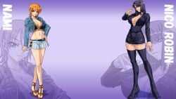 1920x1080 2girls female female_only kagami_hirotaka leather_minidress nami nico_robin one_piece pre-timeskip wallpaper