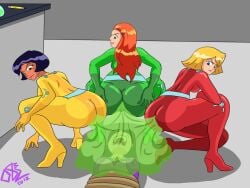 4girls alex_(totally_spies) clover_(totally_spies) crouching crouching_female disgusted evil_grin evil_smile fart fart_cloud farting farting_on_face female_only forced_to_inhale humiliated humiliation mandy_(totally_spies) mandy_walters multiple_girls open_mouth restrained sam_(totally_spies) spread_ass spreading_cheeks tied_up totally_spies