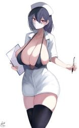 1girls 2022 absurdres bangs big_breasts bikini bikini_top_only black_bikini black_hair breasts clipboard collarbone collared_dress curvy dress female female_focus female_only hair_between_eyes hanging_breasts hat highres himuka_(523) holding holding_clipboard holding_pen huge_breasts looking_at_viewer mask micro_bikini mouth_mask nurse nurse_cap open_clothes original pen purple_eyes short_dress short_hair signature solo solo_female strap_gap swimsuit thick_thighs thighhighs thighs v-shaped_eyebrows white_dress white_mask zettai_ryouiki