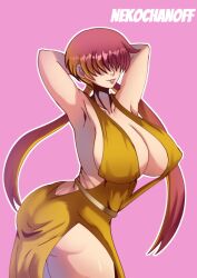 armpits arms_up bangs big_breasts breasts busty female female_focus female_only hair_over_eyes hourglass_figure king_of_fighters long_hair nekochanoff pinup pinup_pose red_hair shermie_(kof) snk solo standing wide_hips