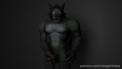 anthro black_background blizzard_entertainment blue_eyes canid claws dark fur genitals glowing glowing_eyes grey_body grey_fur heterochromia hi_res holding_penis looking_at_viewer male male/male mammal narganimare orange_eyes penis red_penis simple_background solo teeth_visible threatening video_games warcraft were werecanid worgen world_of_warcraft