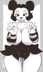 big_breasts black_and_white black_dress black_eyes black_hair breasts dress female female_only gikowinko gloves hair_buns large_breasts lipstick monochrome pac-man_eyes peace_sign sally_mcboing striped_armwear thick_thighs thighs wide_hips