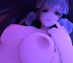 3d bedroom_eyes big_breasts blender blue_eyes breast_focus breasts couch cumskeleton eye_contact female finger_on_lip melia_antiqua naked night nintendo pin-up pov render smiling smiling_at_viewer solo_female touching_breast white_hair xenoblade_(series) xenoblade_chronicles