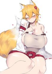 1girls aged_up alternate_breast_size big_breasts blush breasts cham22 chamchami cleavage eye_contact fox fox_ears fox_girl fox_tail half-closed_eyes heart huge_breasts japanese_clothes japanese_clothing kemonomimi kimono kitsune kitsunemimi large_breasts milf no_bra orange_hair senko_(sewayaki_kitsune_no_senko-san) sewayaki_kitsune_no_senko-san shrine_maiden thick_thighs white_background yellow_eyes yellow_hair