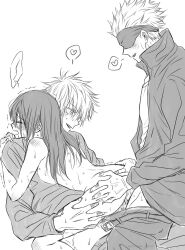 1girls 2boys ass_grab black_hair blindfold cling clone clothed_male_nude_female clothed_sex double_penetration duplicated_character female_penetrated greyscale happy_sex heart hetero hugging human jujutsu_kaisen leaning_forward long_hair male/female male_penetrating maplum mapuramu monochrome nude_female nude_female_clothed_male open_clothes open_mouth plain_background pleasure_face satoru_gojo scar_on_face sex short_hair simple_background spiky_hair standing_sex straight threesome utahime_iori vaginal_penetration white_background