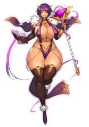 bikini_armor book cleavage curvy female grimoire gurimjang huge_breasts magic magician original original_character purple_hair short_hair skimpy_clothes slingshot sorceress staff tanned_female thick_thighs